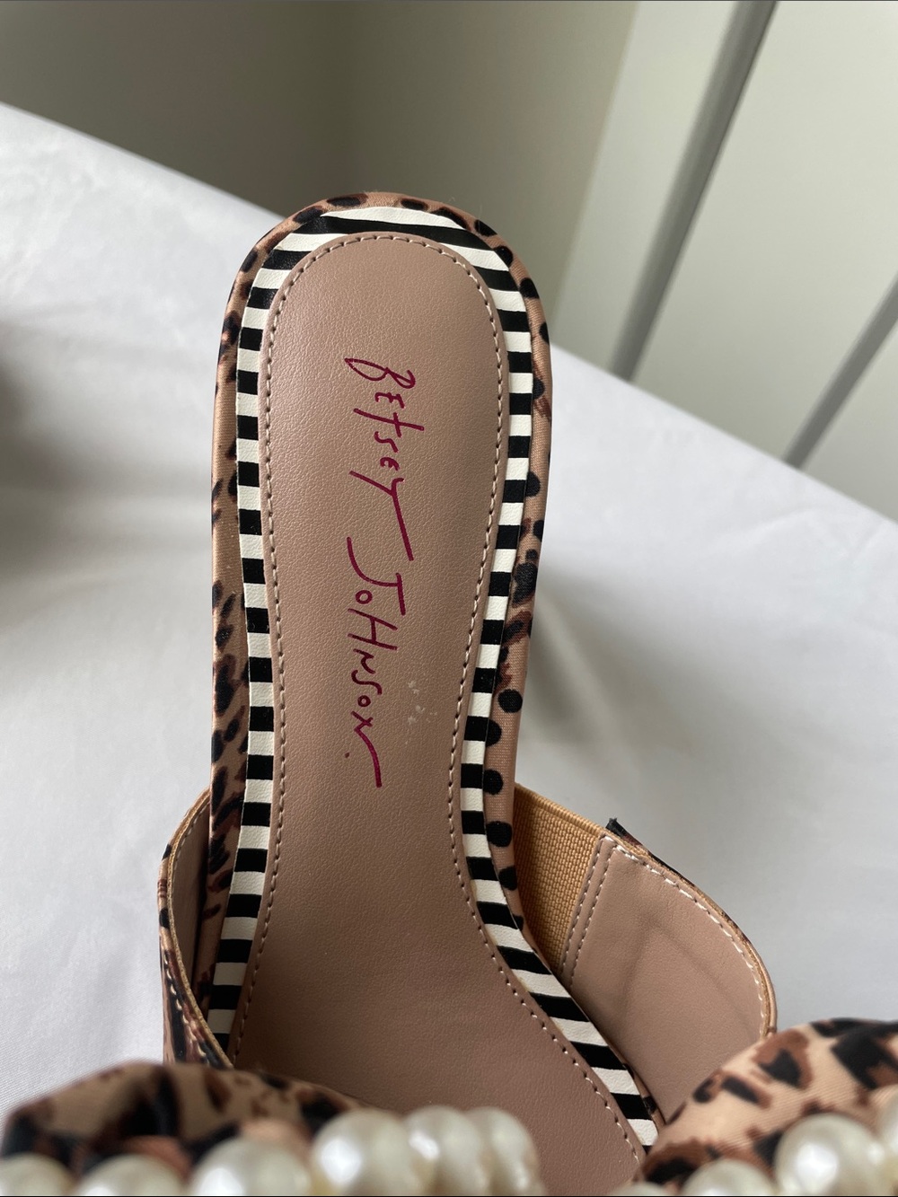 Betsey Johnson Leopard Print Pearl-Trim Mules in Brown and Black - Picture 6 of 10